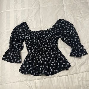 Boohoo Black White Blue floral blouse